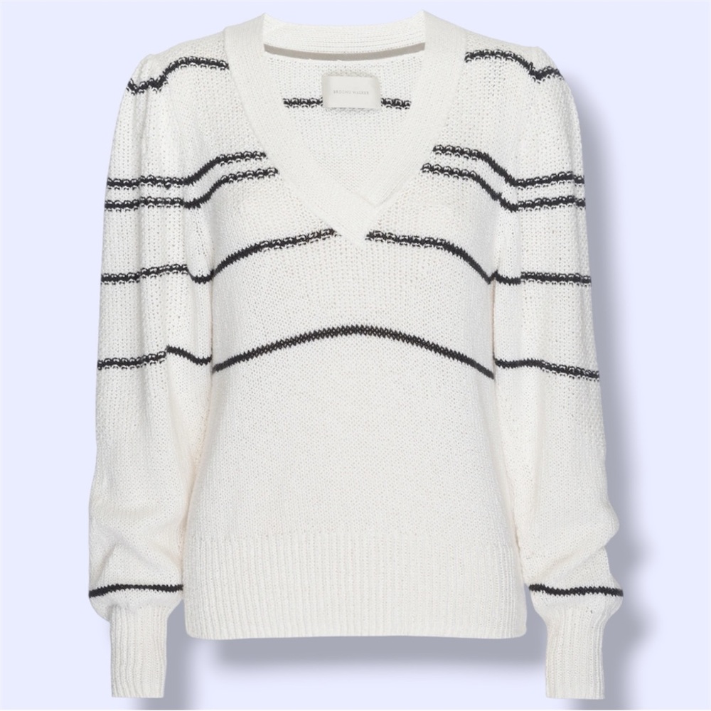 Brochu Walker Sasha Striped Vee Cotton & Wool Blend Sweater
